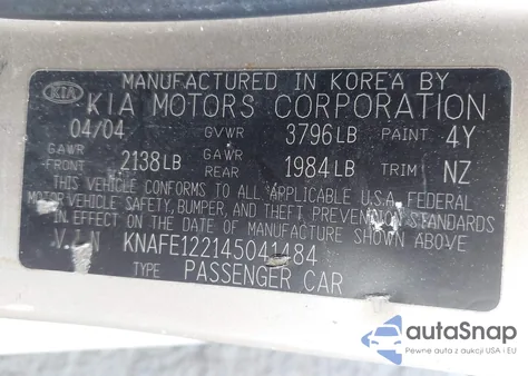 2004 Kia Spectra Ex/Lx from USA, damaged, VIN KNAFE122145041484